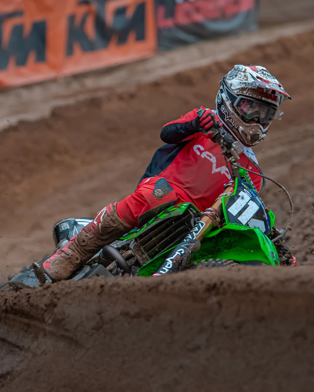 Geran Stapleton cornering his green motocross bike